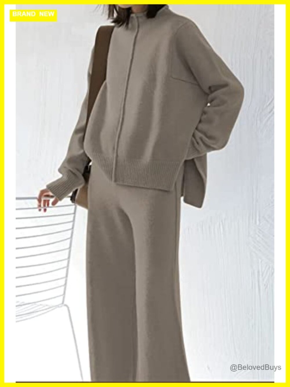 2 Piece Sweater Set High Neck Top Wide Leg Pants Loungewear - Picture 4 of 7